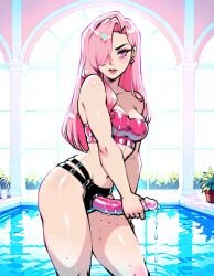 original_character ai_generated mahamoan pink_hair pool poolside strap-on wet looking_at_viewer straight_hair pink_strap-on black_harness pink_dildo hand_on_dildo ready_to_fuck thick_thighs dripping_wet