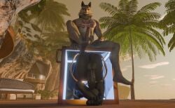 absurd_res anthro balls beach black_body black_nose bound box canid canine canis container curling_toes duo epic_games erection feet fletcher_kane foot_fetish fortnite free_use fur furniture genitals glory_box hi_res huge_filesize humanoid_genitalia humanoid_penis jewelry lizard male male/male mammal nude on_box palm_tree penis plant reptile rungiko scalie sitting soles thunder_(fortnite) toes trapped tree white_body white_fur wolf