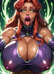 ai_generated alien_girl athletic_female aura big_breasts big_lips cleavage curvaceous dc_comics dripping_wet drooling glistening_body glowing_aura glowing_eyes grabbing_viewer green_eyes high_quality holding_viewer horny_female koriand'r looking_at_viewer lustful_gaze moonchild41 nipple_bulge nipples_visible_through_clothing open_mouth orange-skinned_female orange_skin pinning_down red_hair saliva_drip skimpy_clothes skimpy_outfit starfire tall_female tamaranean teen_titans tongue_out wet_body