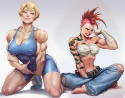 yuri 2girls ai_generated muscular muscles muscular_female female female_only red_hair spiky_hair abs singlet blonde_hair short_hair large_breasts jeans barefoot nipples nipples_visible_through_clothing white_background female/female fingering masturbation smug flexing
