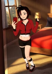1girls black_hair black_hair_female clothed_female female female_only necromalock phone red_highlights ruby_rose rwby selfie silver_eyes solo_female taking_selfie