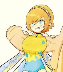 1boy 1girls atlus brown_hair extreme_size_difference fairy fairy_girl fairy_wings female gallica giant gritted_teeth hinaz1 larger_male macro male male/female metaphor:_refantazio micro micro_on_macro micro_on_penis minigirl minigirl_on_penis penis_awe penis_under_clothes pointy_ears size_difference smaller_female