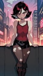 ai_generated mahamoan original_character cigarette smoking_cigarette tanktop short_shorts city ambiguous_gender implied_futa bulge bulge_in_pants solo looking_at_viewer annoyed_expression annoyed torn_stockings