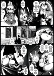 1boy 1girls ass bodysuit buckteeth bunny_ears bunny_girl bunny_tail carotte_(bunnyprayers) claws comic domino_mask eyelashes fat_ass flower furry greyscale holding_ass jotaro_kujo long_nails luigi male_north_(north_star_500) meme meme_in_the_background nails north_star_500 nun nun's_habit nun_habit nun_hat nun_outfit onomatopoeia painting painting_(object) size_difference slap slapping_ass slapping_butt smaller_male smile smiling spanish_text spongebob_squarepants_(character) taller_female text twitter_user_oc