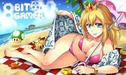 1girls arseniquez barefoot beach big_breasts bikini blonde_hair blue_eyes breasts coin crown earrings feet female female_only full_body long_hair lying mario_(series) mushroom nintendo on_side outdoors pink_bikini princess_peach royalty shine_sprite smile solo super_mario_sunshine swimsuit toes umbrella