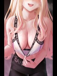 momi_yuro idolmaster gakuen_idolmaster juo_sena 1girls solo solo_focus female female_only female_focus simple_background gradient_background very_high_resolution steam steamy steamy_breath sweat sweatdrop blonde_hair long_hair pink_hair streaked_hair multicolored_hair blush eyes_out_of_frame open_mouth :d smile smiling_at_viewer tongue lips teeth upper_teeth collarbone standing breasts large_breasts cleavage sports_bra text_on_clothing english_text pants sportswear yoga_pants leggings black_pants black_leggings sports_bra_pull clothes_pull sagging_breasts white_sports_bra white_clothing