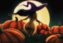 vladjojo_verse one_piece nico_robin halloween nude witch_hat ass big_ass huge_ass ass_focus booty big_butt backboob busty curvy voluptuous completely_nude full_moon pumpkin 1girls solo female female_only