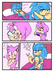 added_anatomy amy_rose antenna_hair anthro balls beckoning bed bedroom_eyes blue_body blush cellphone clothing countershade_arms countershade_face countershade_torso countershading covering covering_self dressing duo electronics erection eulipotyphlan female finger_wag furniture genitals gesture glans green_eyes hair hedgehog luibangban male mammal musical_note musical_symbol narrowed_eyes nude penis phone pillow pink_body question_mark seductive sega short_hair sleeping smartphone sonic_the_hedgehog sonic_the_hedgehog_(series) symbol tail underwear waking_up
