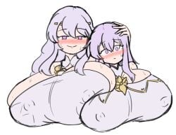 petelewddigger petelavadigger deirdre_(fire_emblem) julia_(fire_emblem) fire_emblem fire_emblem:_genealogy_of_the_holy_war clothing clothed fully_clothed busty busty_female female female_only female_focus milf mother_and_daughter breasts big_breasts huge_breasts massive_breasts gigantic_breasts alternate_breast_size alternate_costume official_alternate_costume breast_size_difference nipples big_nipples nipples_visible_through_clothing nipple_bulge blush circlet purple_eyes purple_hair long_hair holding holding_head looking_at_viewer smile surprised upper_body_only wardrobe_malfunction breasts_pressed_together breasts_pressed_against_another sketch gift_art