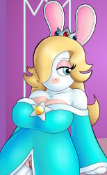 2025 absurd_res anthro bangs bare_shoulders big_breasts biped blonde_hair blue_clothing blue_dress blue_eyes breasts cleavage clitoris closed_frown clothed clothed_anthro clothed_female clothing collarbone colored crossover crown curvy_figure digital_drawing_(artwork) digital_media_(artwork) dress english_description eyelashes female female_anthro frown fur gem genitals hair hair_over_eye half-closed_eyes headgear hi_res lagomorph light lighting long_ears long_hair mammal mario_bros mario_plus_rabbids_sparks_of_hope mouth_closed multicolored_body narrowed_eyes nintendo noseless pink_clitoral_hood pink_clitoris pink_inner_ear purple_background rabbid rabbid_rosalina raving_rabbids rayman_(series) reypan ruby_(gem) sapphire_(gem) shaded shirt simple_background soft_shading tan_body tan_breasts tan_eyelids tan_skin tan_vulva thin_eyebrows topwear two_tone_body ubisoft vulva white_body white_fur wide_hipped_anthro wide_hipped_female