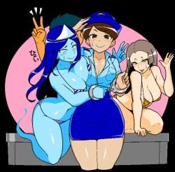 3girls 2d big_breasts blush breasts brown_eyes brown_hair cleavage clothed fukei_(jermaneels) jermaneels large_breasts pixel_art police police_hat police_uniform policewoman skirt smile strip_rock-paper-scissors_-_police_edition thick_thighs thighs uniform pencil_skirt handcuffs handcuffed bikini blue_body blue_skin ghost ghost_(jermaneels) ghost_girl headpiece huge_breasts long_hair micro_bikini open_mouth peace_sign string_bikini strip_rock-paper-scissors_-_ghost_edition striped_bikini triangular_headpiece ghost_tail areolae areolae_slip lady_tsubone_(jermaneels) print_bikini strip_rock-paper-scissors_-_tsubone_edition tiger_print yellow_eyes 1boy japanese_text