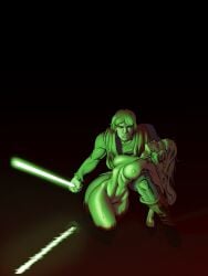 mary_(star_wars_(marvel_1977)) star_wars_legends star_wars_(marvel_1977) blonde_female commission luke_skywalker anonymous_artist pool_of_blood reflection reflective_liquid lightsaber green_lightsaber nipples barefoot bare_breasts unconscious_female serious_look staring_at_viewer clothed_male_nude_female lying_on_another crouching on_one_knee long_sleeve_shirt vest dark_background dark_red_background hand_behind_head lips_parted short_hair_male long_hair_female blonde_male kneeling head_tilted_back