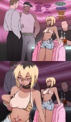 1girls 3boys alcohol animal_print aurora_(yblndr) bar belly_button belly_button_piercing bikini bikini_tan black_hair blonde_hair bracelet breasts choker cleavage coat dark-skinned_female dark-skinned_male dark_skin ear_piercing earrings face_markings face_mask faceless_male female glasses gyaru hair_dye half-closed_eyes highres hoop_earrings hotpants imminent_sex jewelry leopard_print leopard_print_bikini light-skinned_female light-skinned_male mask mask_pull medium_breasts mouth_mask multicolored_hair multiple_boys navel navel_piercing nipple_piercing off_shoulder open_clothes open_coat original over-rim_eyewear pink_glasses print_bikini prostitution pubic_tattoo semi-rimless_eyewear short_hair short_shorts slutty_female star_(symbol) star_facial_mark sticker surgical_mask swimsuit tan tan_body tan_skin tanline tanlines tattoo tongue_out tongue_piercing underboob undressing whale_tail yblndr