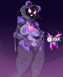 absurd_res anthro areola bear blush blush_lines breasts epic_games female flutterthrash fortnite genitals heart_symbol hi_res hip_tuft mammal nude purple_areola purple_body purple_hood raven_team_leader solo tuft vulva