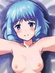 tetsudou_musume female female_only looking_at_viewer pov smile blue_eyes blue_hair drill_hair ringlets upper_body small_breasts implied_sex solo nude medium_hair blush ootsuki_miina magbushi