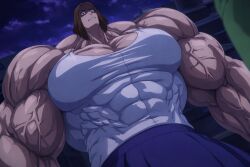 1girls ai_generated anime brown_hair clothed en'en_no_shouboutai enen_no_shouboutai extreme_muscles fire_force mother muscle_fetish pecs screenshot_edit unnamed_character veiny_muscles