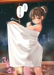 1girl bath blurry blurry_background blush breasts brown_eyes brown_hair commentary_request daisy_mitsumata dated erection feet_out_of_frame from_side futanari grin hair_between_eyes hair_bun heart highres holding holding_towel large_breasts large_penis looking_at_viewer motion_lines night ofuro original penis see-through_silhouette single_hair_bun smile solo sound_effects speech_bubble standing star_(sky) steam testicles towel translation_request wading water
