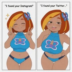 1girls big_breasts blue_panties busty butterfly_(planetronika) cleavage cleavage_cutout double_v godilovebutts half-closed_eyes hand_on_hip large_breasts looking_at_viewer meme midriff naughty_face open_mouth panties planetronika pose posing shirt smile solo solo_female tagme text tongue tongue_out v voluptuous