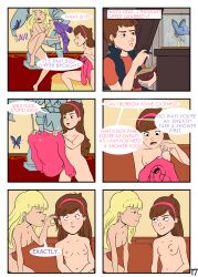 1boy 2girls aged_up blonde_hair brown_hair comic completely_nude_female dipper_pines english_text gravity_falls mabel_pines nude_female pacifica_northwest page_17 page_number sealedhelm small_breasts speech_bubble startled straight_hair