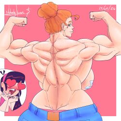 ass_crack back_muscles back_view bigger_female freckles freckles_on_ass freckles_on_face freckles_on_shoulders giantess green_eyes heart_eyes huge_ass huge_breasts huge_muscles hyper_ass hyper_butt hyper_muscles looking_at_viewer looking_back maria_(nobodyknows) muscle muscle_flex muscle_focus muscle_mommy muscle_tone muscles nobodyknows nyx_(nobodyknows) shirtless smaller_female taller_female
