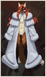 2024 anthro ashmedai_ben_agrat balls black_nose border bottomless canid canine cheek_tuft chest_tuft clothed clothing coat coat_only crotch_tuft demon facial_tuft femboy flaccid flashing_penis fox fur genitals hair hair_over_eye hair_over_face hi_res hybrid long_hair male mammal mostly_nude navel penis pubes purple_eyes red_hair signature simple_background slim solo topwear topwear_only tuft twistedteeth yellow_border