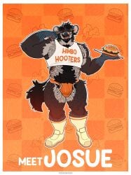 absurd_res anthro beard blue_body blue_fur bluesh body_hair brown_body brown_fur burger clothing crop_top digital_media_(artwork) facial_hair food footwear fur hairy hi_res himbo_hooters hyena jockstrap josue_(bluesh) licking licking_lips looking_at_viewer male mammal mature_male multicolored_body multicolored_fur orange_clothing orange_underwear pubes shirt shoes socks solo tongue tongue_out topwear underwear