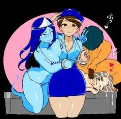 3girls 2d big_breasts blush breasts brown_eyes brown_hair cleavage clothed fukei_(jermaneels) jermaneels large_breasts pixel_art police police_hat police_uniform policewoman skirt smile strip_rock-paper-scissors_-_police_edition thick_thighs thighs uniform pencil_skirt handcuffs handcuffed bikini blue_body blue_skin ghost ghost_(jermaneels) ghost_girl headpiece huge_breasts long_hair micro_bikini open_mouth peace_sign string_bikini strip_rock-paper-scissors_-_ghost_edition striped_bikini triangular_headpiece ghost_tail areolae areolae_slip lady_tsubone_(jermaneels) strip_rock-paper-scissors_-_tsubone_edition 1boy cum ejaculation cum_on_face japanese_text grin facial cum_on_hair yellow_eyes penis after_sex heart hearts_around_head animated pixel_animation loop looping_animation