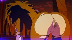 animated extreme_ghostbusters ghostbusters gif kylie_griffin zone brunette brunette_hair brunette_female brunette-haired_female on_all_fours ass ass_focus ass_up cum_in_hair cum pussy vagina anus torn_clothes torn_clothing torn_pants