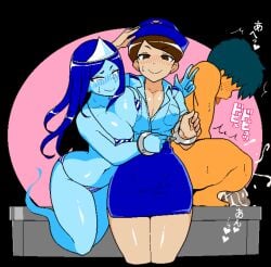 3girls 2d big_breasts blush breasts brown_eyes brown_hair cleavage clothed fukei_(jermaneels) jermaneels large_breasts pixel_art police police_hat police_uniform policewoman skirt smile strip_rock-paper-scissors_-_police_edition thick_thighs thighs uniform pencil_skirt handcuffs handcuffed bikini blue_body blue_skin ghost ghost_(jermaneels) ghost_girl headpiece huge_breasts long_hair micro_bikini open_mouth peace_sign string_bikini strip_rock-paper-scissors_-_ghost_edition striped_bikini triangular_headpiece ghost_tail areolae areolae_slip lady_tsubone_(jermaneels) strip_rock-paper-scissors_-_tsubone_edition 1boy cum ejaculation cum_on_face tongue tongue_out japanese_text