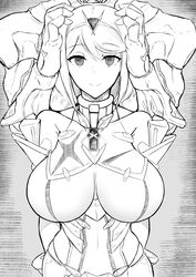 1boy 1girls armor blank_eyes blank_stare clothed empty_eyes gatyo_5 hair_ornament holding_head huge_breasts larger_male mind_control muscular nintendo pyra short_hair smile smiling tiara xenoblade_(series) xenoblade_chronicles_2