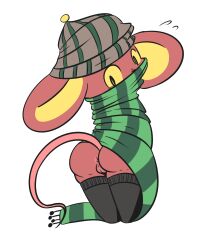 anthro anus big_ears black_eyes butt clothed clothing digital_media_(artwork) female genitals green_clothing hat headgear headwear hi_res legwear looking_at_viewer looking_back mammal mouse multicolored_clothing murid murine partially_clothed pink_genitals pink_vulva rear_view red_body rodent scarf scarf_mouse simple_background solo stockings tail thigh_highs undertale_(series) vono vulva white_background yellow_sclera