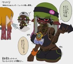 arm_tattoo breasts cellphone chain chain_around_neck chest_tattoo chibi commentary_request crop_top dark_skin earrings genderswap genderswap_(mtf) green_hair hair_behind_ear hand_tattoo highres inkling_boy inkling_girl inkling_player_character jewelry large_breasts long_hair long_pointy_ears looking_ahead looking_at_viewer mishima_(nanimaroom) multicolored_hair nanimaroom navel navel_piercing neck_tattoo orange_hair phone piercing plug_(piercing) pointy_ears red_eyes sakuya_(nanimaroom) shoulder_tattoo slit_pupils smartphone spit_take spitting splatoon_(series) tattoo two-tone_hair