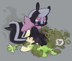 anthro bow_ribbon clover_(plant) clover_leaf dipodid duo fart fart_cloud fart_fetish farting_on_another farting_on_face feet female female/female heart_symbol hi_res hindpaw jerboa leaf mammal mephitid pawpads paws plant rodent skunk smelly weeklyparty