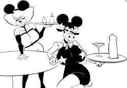 2026 anthro armwear beverage big_breasts black_body bovid bovine bow_tie breasts buttplug cattle clarabelle_cow clothing condom_wrapper costume dildo disney domestic_cat duo elbow_gloves fake_mouse_ears felid feline felis female furniture gloves goof_troop handwear hi_res horn huge_dildo leather leather_strap legwear looking_at_viewer mammal mickey_mouse_ears monochrome necrolepsy pasties peg_pete platter plug_(sex_toy) reverse_bunny_costume seductive sex_toy straps table thigh_highs