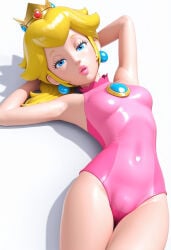 ai_generated ai_face open_eyes blue_eyes eyebrows yellow_eyebrows eyelashes black_eyelashes human human_only ear_piercing blue_ear_piercing crown golden_crown gold_crown looking_at_viewer seductive seductive_look bedroom_eyes swimsuit one-piece_swimsuit rubber rubber_clothing rubber_leotard leotard rubber_swimsuit mario_(series) 1girls female female_only solo posing posing_for_the_viewer shiny_clothes pink_rubber clothing pink_clothing pink_leotard pink_swimsuit pink_one-piece_swimsuit open_mouth hands_behind_head laying_down laying_on_ground blonde_hair princess_peach mario_and_sonic_at_the_olympic_games lipstick lips pink_lipstick pink_lips jpeg hi_res page_2 alternate_version_available alternate_version_at_source 2026 2020s sandlecrantz_(ai_generator) nintendo princess breasts shadow white_background