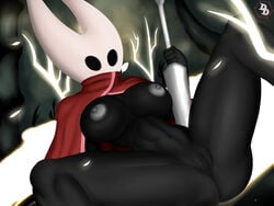 2020 4:3 anthro arthropod black_body black_eyes breasts cape cloak clothing desire's_domain digital_media_(artwork) fecharis female genitals hollow_knight hornet_(hollow_knight) insects nipples nude pussy red_cape solo team_cherry video_games