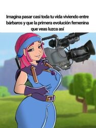 1girls 2d 2d_(artwork) camera clash_(series) clash_royale clothed clothing evolution_firecracker_(clash_royale) female female_focus female_only petite petite_body petite_breasts petite_female pink_hair pink_hair_female purple_eyes skintight skintight_bodysuit skintight_clothing solo solo_female solo_focus supercell