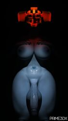 3d android big_areola big_balls big_breasts big_nipples big_penis big_thighs blackbird_(marathon) blue_body blue_skin futa_only futanari looking_at_viewer marathon_(bungie) prime3dx recon_(marathon) red_eyes red_light shadow thick_legs thick_penis thick_thighs thighs veiny_penis wet_skin