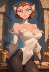 ai ai_generated alien big_breasts breasts captain_amelia desk feline female green_eyes looking_at_viewer mature_female milf short_hair treasure_planet uniform