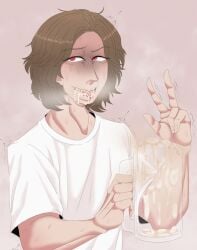 1boy after_drink_cum after_gokkun brown_hair cloud color cum cum_cup cum_drip cum_dripping cum_dripping_from_mouth cum_dripping_out_of_mouth cum_mug cum_out_mouth cum_out_nose disaste1960713 disgusted disgusted_expression empty_glass gokkun heavy_breathing hi_res holding_mug kamen_rider kamen_rider_ryuki kamen_rider_ryuki_(series) male male_focus male_only messy_hair mug_of_cum nervous nervous_sweat red_eyes semen shinji_kido short_hair smelly_cum solo steamy_cum sweat sweatdrop sweating t-shirt tears tears_in_eyes thick_cum tremble_lines tremble_spikes trembling v_sign white_t-shirt