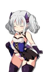 1girl ^_^ bat_wings blush breasts closed_eyes closed_mouth clothes_lift cowboy_shot demon_horns dress dress_lift fang game_cg grey_hair hikaru_(sgst) horns knight_of_erin large_variant_set lifting_own_clothes low_wings nighthawk_(knight_of_erin) no_panties non-web_source pubic_inmon pussy short_twintails simple_background small_breasts smile solo standing strapless strapless_dress thighhighs transparent_background twintails variant_set wings