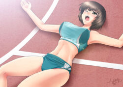 big_breasts brown_eyes brown_hair buruma female female_only gym_clothes oga_haruhi on_back one_eye_closed out_of_breath outdoors short_hair solo sports_bra sportswear takano_miyuki tetsudou_musume track_and_field track_uniform