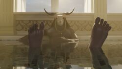 abs absurd_res anthro antlers bodily_fluids canid canine canis cervine clothed clothing deer demon detailed_background elias_ainsworth erection feet foot_focus furniture genitals grey_body hi_res horn huge_filesize humanoid_genitalia humanoid_penis inside looking_at_viewer male mammal nude penis purple_body red_eyes rungiko soles solo spread_toes sweat sweatdrop swimming_pool the_ancient_magus'_bride toes water wet wet_body