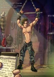 armbinder arms_above_head arms_tied arms_up basement bdsm bdsm_room bondage bondage_hood boots bound buttplug buttplug_tail chains clothed clothing combat_boots cstripes dialogue dildo dungeon ear_piercing earrings embarrassed fingerless_gloves gay gay_domination gloves goth goth_boy green_eyes green_hair human imminent_sex indoors jeans list long_hair looking_at_viewer lost_bet male male_only male_pov muscular nipples pants pov pov_male punk punk_hair reluctant reluctant_sub restrained scar solo_focus spiked_armband spiked_bracelet spiked_collar studded_belt submissive submissive_male text torture_chamber toys wartenberg_wheel whip yaoi