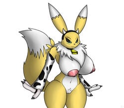 anthro breasts clothing cow_costume cowbell digimon digimon_(species) digital_media_(artwork) female female_only genitals handwear horn nipples pussy randomobliquity_(artist) renamon simple_background solo thick_thighs white_background wide_hips