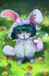 1girls 2026 annoyed_expression bunny_ears bunny_girl bunnysuit cranihum easter female green_hair high-angle_view lagomorph large_breasts league_of_legends rabbit_ears rabbit_girl riot_games shortstack vex_(league_of_legends) yordle