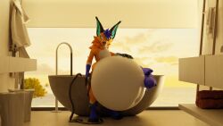 16:9 3d_(artwork) anthro bath bathroom belly belly_expansion belly_inflation big_belly blender_(artwork) claws digital_media_(artwork) expansion fur hair hi_res hose hose_in_butt hose_inflation huge_belly hyper hyper_belly inflation lapisfoxy liquid_inflation male markings navel open_mouth orange_body orange_fur solo tail vaqueroserg vulper water water_inflation white_body white_fur widescreen