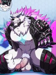 2boys abs angry animal_ears arms_behind_back bara bare_pectorals black_jacket clenched_teeth commentary disembodied_hand dislyte drks english_commentary erection fangs footjob freddy_(meta_fenrir)_(dislyte) furry furry_male grin hand_on_another's_chin highres jacket jin_qiu_(ru_shou)_(dislyte) kneeling male_focus multiple_boys muscular muscular_male navel nipples pectorals penis pink_fur scar scar_across_eye scar_on_face shoulder_spikes smile spikes tail teeth testicles tiger_boy tiger_ears tiger_stripes white_fur wolf_boy wolf_ears wolf_tail yaoi