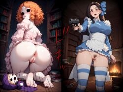 1girls 1monster ai_generated alisa_(alisa_game) alisa_(game) anus blue_dress brown_hair dead_eyes doll doll_joints exposed_ass female from_below gun holding_gun horror long_hair looking_back monster_girl orange_hair pink_dress pistol pubic_hair pussy ribbon shaking shocked striped_stockings terrified turning_head urbanflair