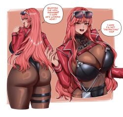 1girl ass bikini bikini_over_clothes black_bikini bodystocking border breasts commentary curved_horns english_commentary english_text eyewear_on_head goddess_of_victory:_nikke highres jacket large_breasts leather leather_jacket long_hair multiple_thigh_straps multiple_views open_mouth red_eyes red_jacket ryuukuarts ryuukusnpaiarts smile solo speech_bubble sunglasses swimsuit thigh_strap volume_(nikke) white_border